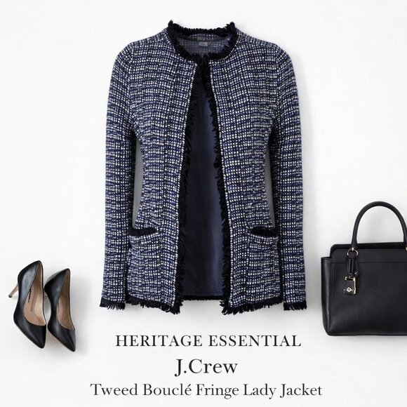 J. Crew Jackets & Blazers - J.Crew XXS Tweed Bouclé Fringe Lady Jacket Black Blue Silver